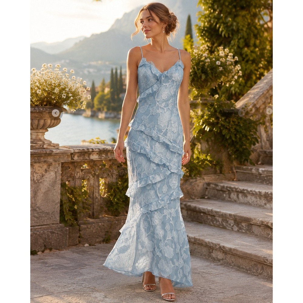 Powder Blue Floral Jacquard Ruffle Maxi Dress Romantic Wedding Guest Ethereal